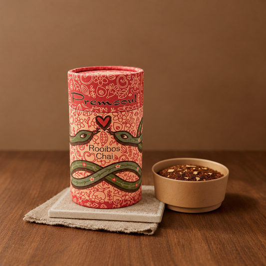 Premsoul Rooibos Chai Taina Limited Art Edition with a small bowl of rooibos chai mix