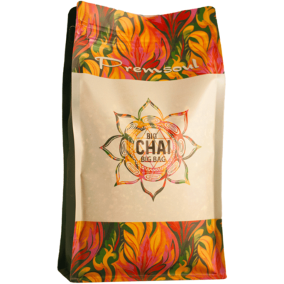 A visually appealing image of Premsoul's Organic Chai Big Bag, featuring a 750g pouch. The bag showcases the product's eco-friendly packaging and variety of flavors, promising a delightful and sustainable tea experience. The rich colors and design convey the perfect fusion of quality, convenience, and organic goodness, inviting tea enthusiasts to indulge in the aromatic symphony within the sizable, flavorful bag.
